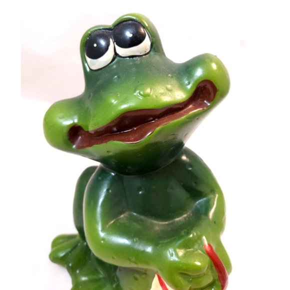 Vintage Terracotta Pottery Green Frog, dreaming Big Eyes Look Up Figure  7" - Picture 6 of 10